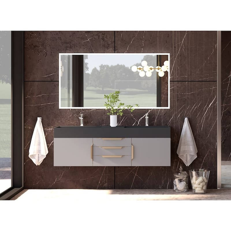 Amazon 60" Wall Mounted Bathroom Vanity Set w/ Black Top