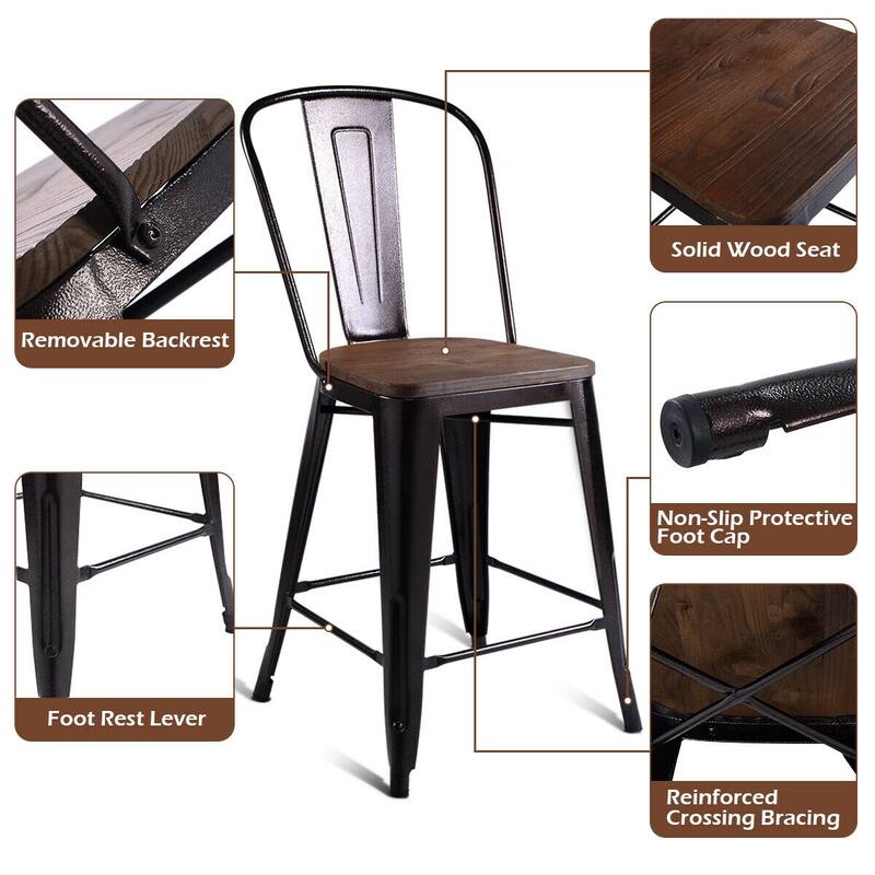 Costway Copper Set of 4 Metal Wood Counter Stool Kitchen Dining Bar