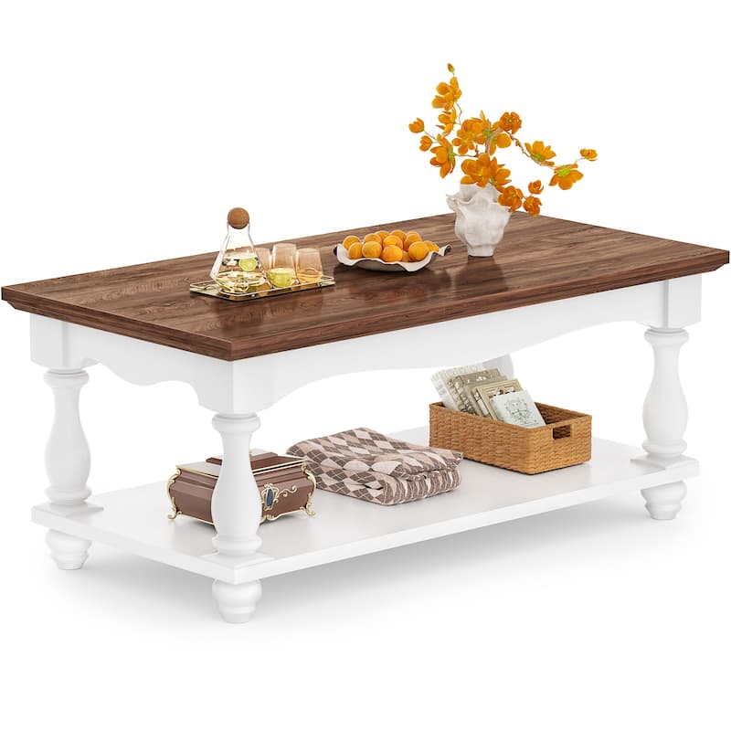 French Country Coffee Table with Storage Shlef, Farmhoues Retangular Living Room Table