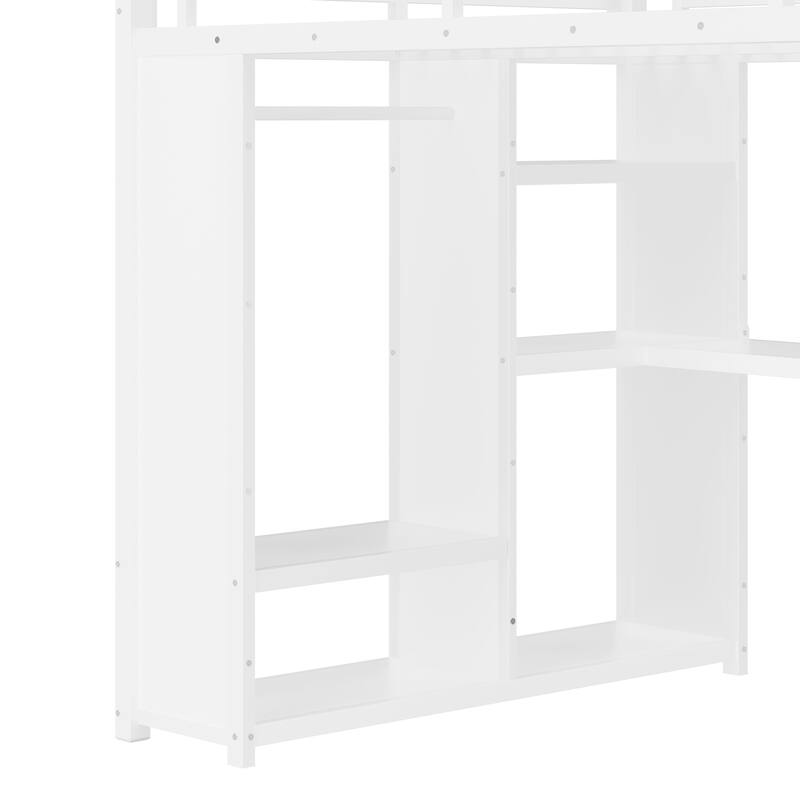 Roomfitters Queen Metal Loft Bed with Wardrobe and Desk, Storage Shelves and Ladder, White