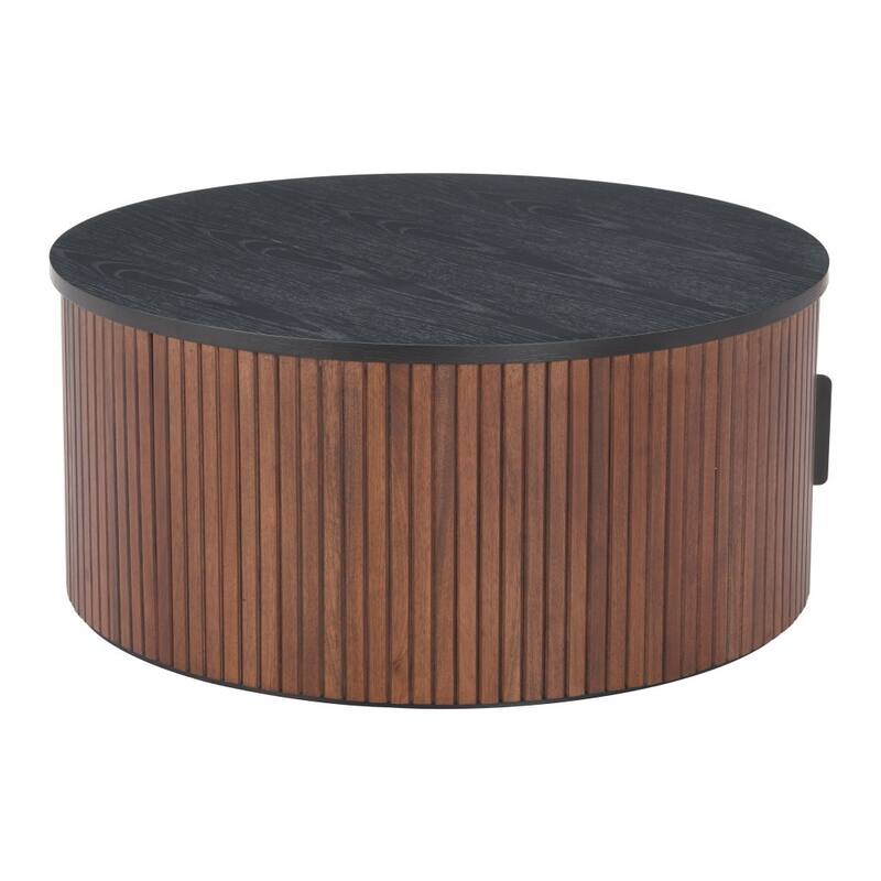 HomeRoots 32" Black and Walnut Wood Round Drum Coffee Table - 32.00 in. x 14.20 in. x 32.00 in.