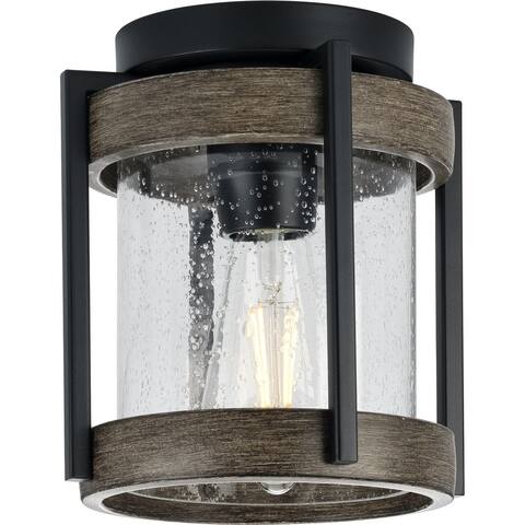 Whitmire Collection One-Light Matte Black Clear Seeded Glass Farmhouse Outdoor Ceiling Mount Light - 7.37 in x 7.37 in x 8 in