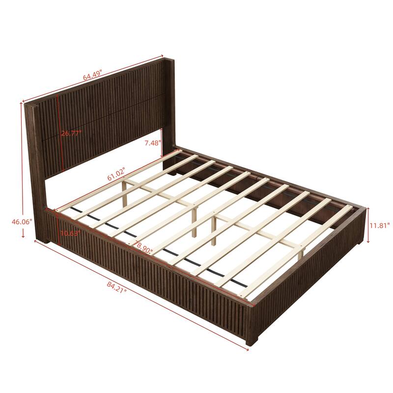 GDFStudio - Modern Solid Wood Low-Profile Platform Bed Frame with Fluted Headboard, Heavy-Duty Support & No Box Spring Needed