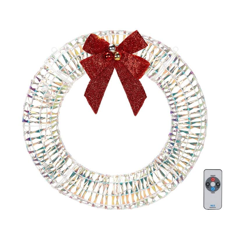 24in Pre-lit Iridescent Outdoor Christmas Wreath Decoration, Lighted Metal Wreath for Front Door Gate Wall Holiday Party