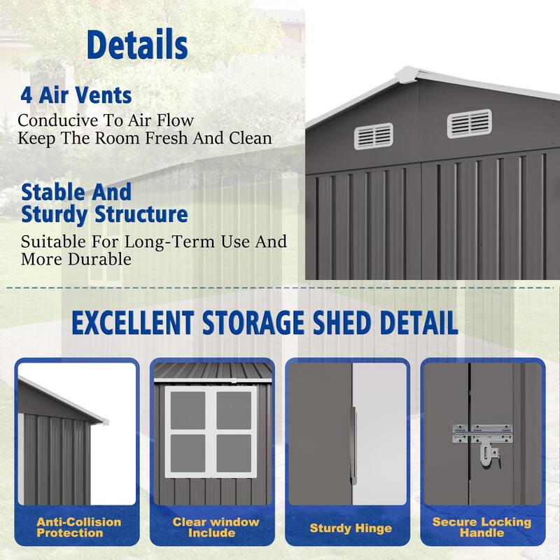10 x 8 FT Outdoor Storage Shed, Large Metal Storage Shed, Lockable Door and Air Vent, Clear Window Garden Tool Shed