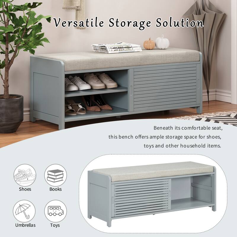 Shoe Storage Bench Entryway Bench with Cushion, Sliding Door - Grey