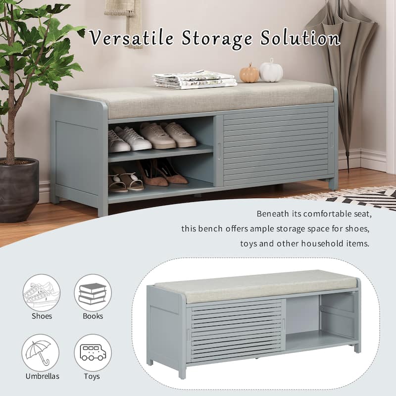 Shoe Storage Bench with Padded Seat Cushion and 2 Sliding Distressed Shutter Doors, Entryway Shoes Bench Storage Ottoman
