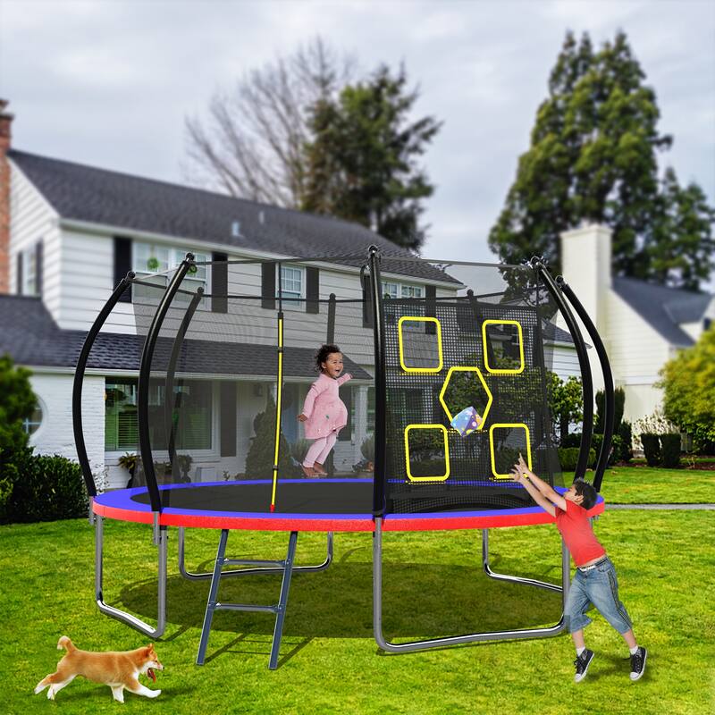 14FT Trampoline with Enclosure - Recreational Trampolines with Ladder, ASTM Approval Outdoor Trampoline for Kids