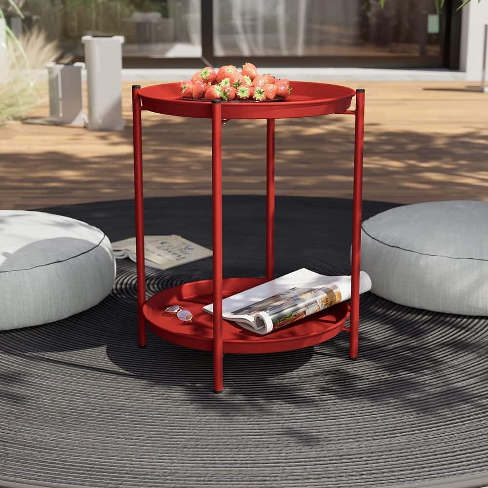 Steel Patio Side Table 2-Tier, Weather Resistant Outdoor Round End Table
