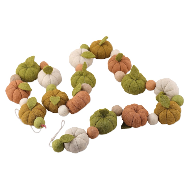 Novica Handmade Forest Pumpkins Wool Felt Garland - Green
