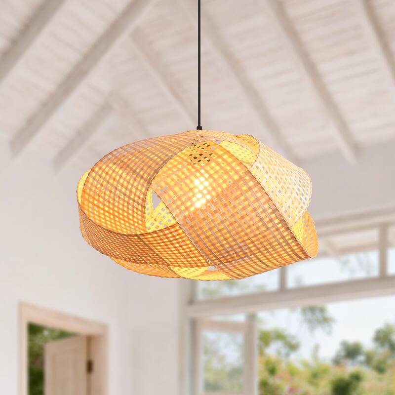 1-Light Personalized Design Rustic Bamboo Hand-Woven Kitchen Pendant Ceiling Lights - 20" W x 59" H