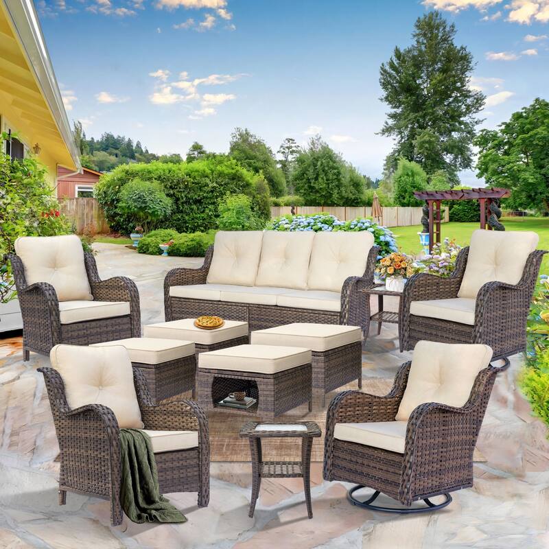 Rattan Wicker Outdoor Patio Furniture Sofa Set with Swivel Rocker Chairs - 11 Piece - Beige