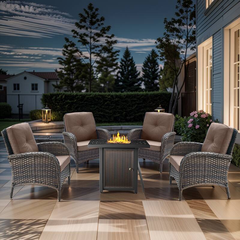 Outdoor Chairs with Fire Pit Table Set - Brwon Wicker Grey Cushion - 5PCS Patio Chair w/ Fire Table