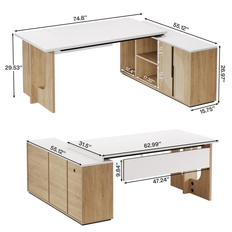 74.8" Executive Desk, Large Office Desk L Shaped Computer Desk