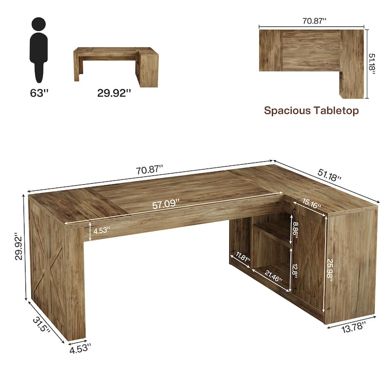70.8" L-Shaped Executive Desk with File Cabinet and Storage Shelves, Large Office Computer Desk for Home Office