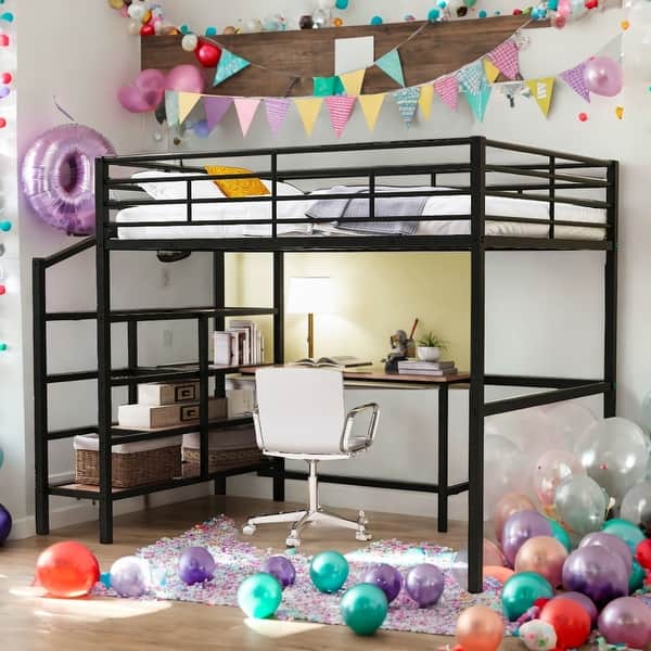 slide 2 of 9, Full Size Metal Loft Bed with Desk and Lateral Storage Ladder for Home Black