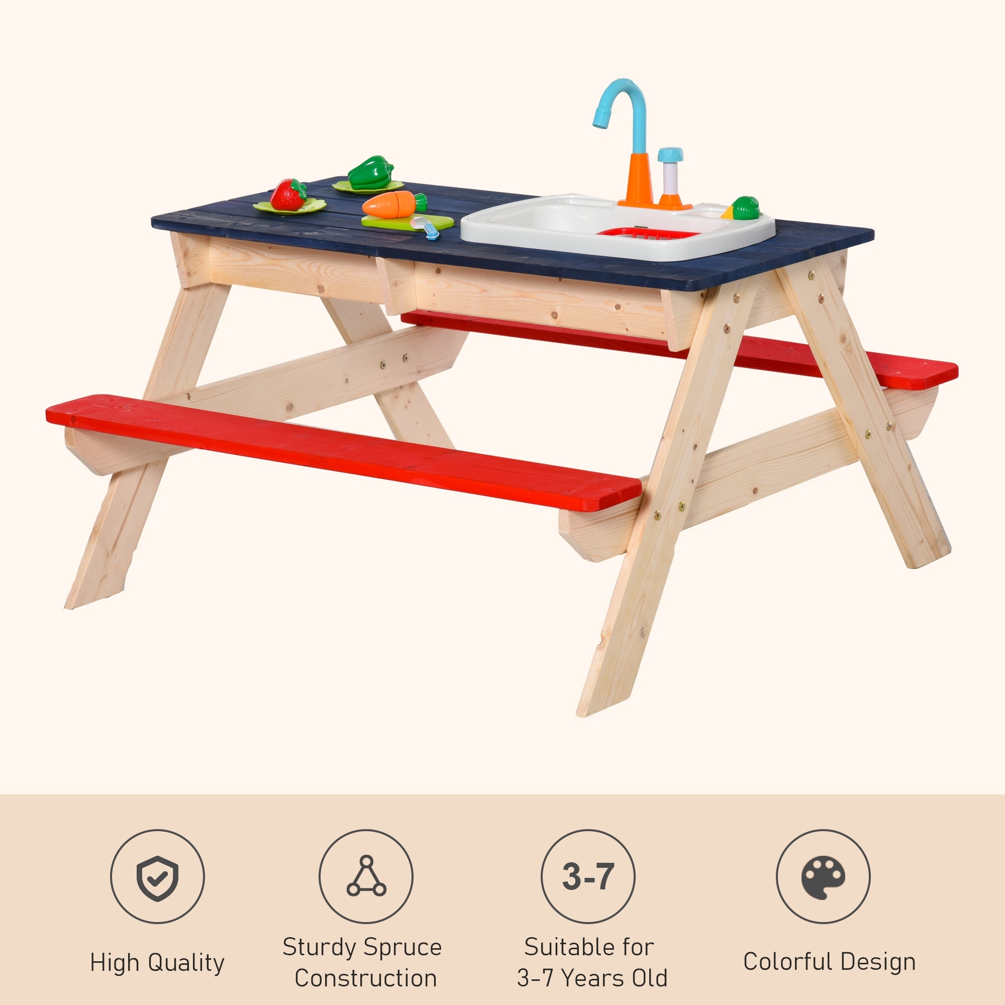 Outsunny Kids Picnic Table Set With Wooden Bench Sandbox Kitchen Toys Faucet Water Pump 37