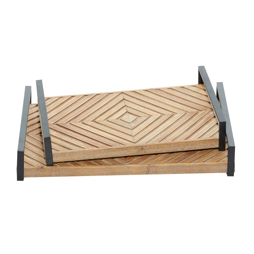 Wood Diamond Pattern Tray with Black Handles - Set of 2 Brown - Roche River Decor - 12"W x 19"L x 3"H