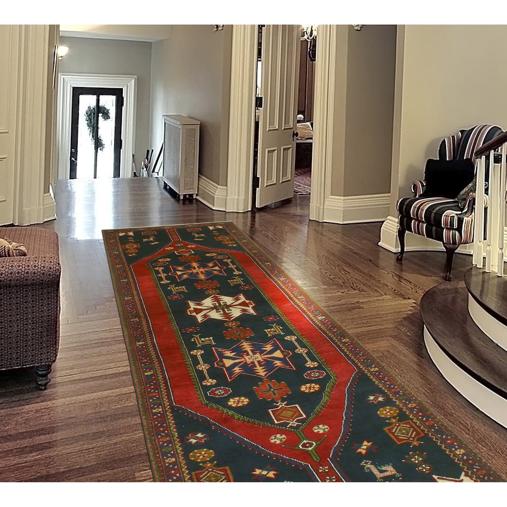 Fine Vintage Distressed Windell Charcoal/Red Runner - 3'8" x 10'4"