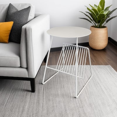 Zeo Side End Table w Magazine Rack, 14 Inch Round Top, White Metal