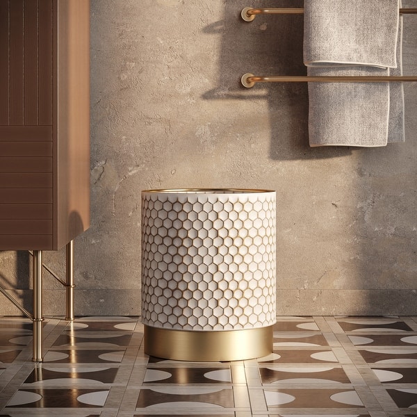 Honeycomb Mid Century Modern Indoor Metal Waste Basket With Gold Base - 10"H x 8"W x 8"D