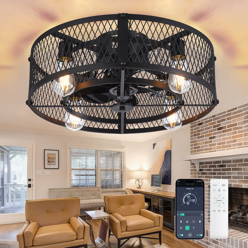 20-26Inch Caged Ceiling Fan with Light and Remote: APP Control Quiet DC Motor (E26 Bulbs Included) - 20in - Black