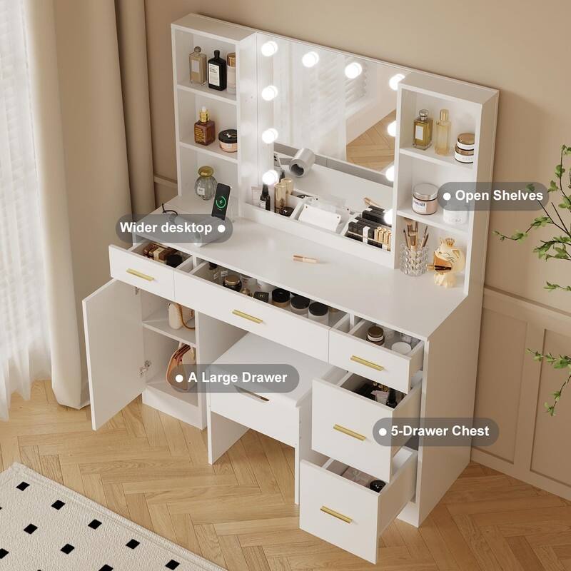 55.7" Dressing Table with LED Lights, Storage Shelves & Stool, Drawers