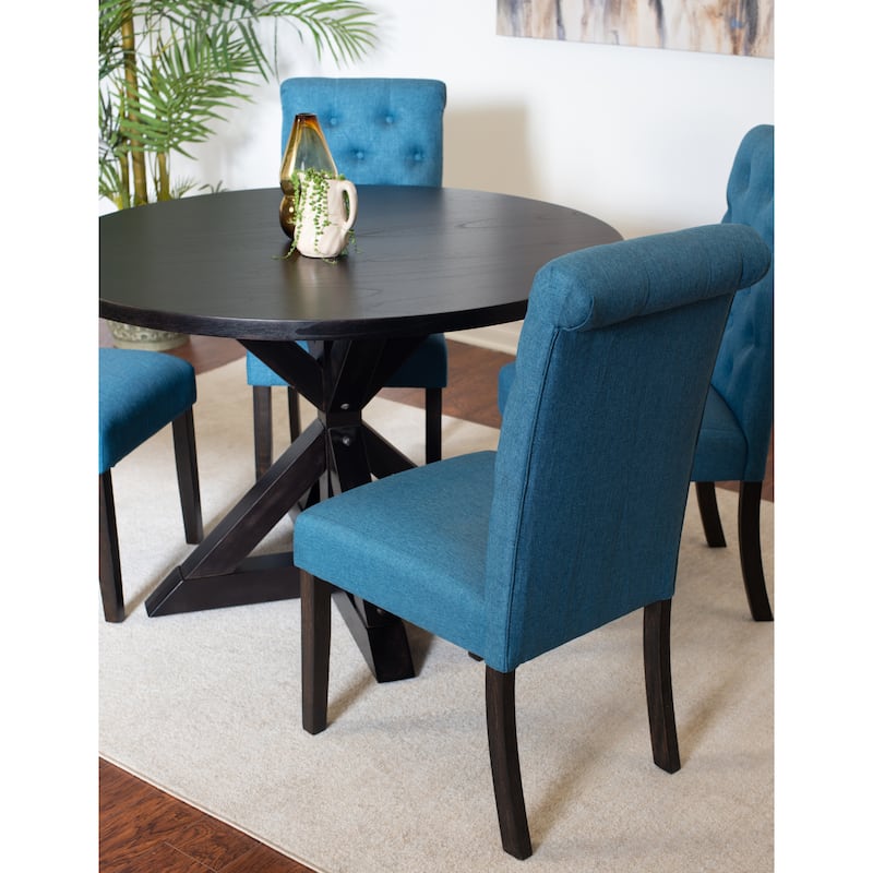 5 Piece Round Dining Table Set, Dining Room Furniture Set with Cross-Buck Dining Table and 4 Upholstered Chairs