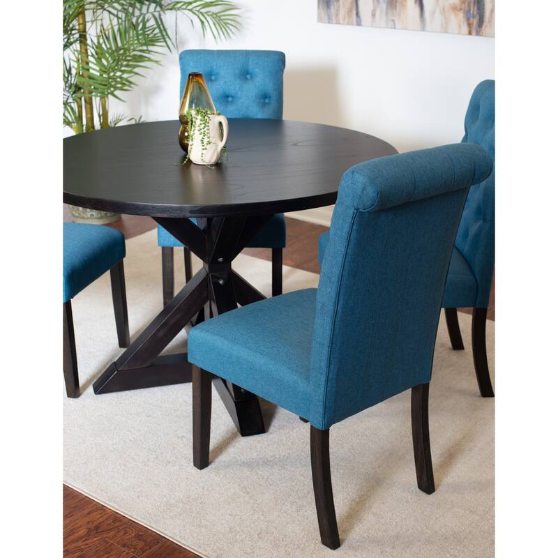 Dining Set with Cross-Buck Pedestal Table & 4 Blue Upholstered Chairs
