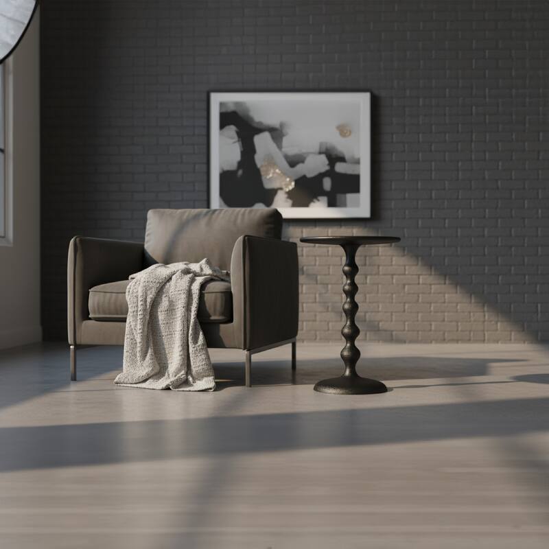 Shae 22 Inch Round Side End Table - Matte Black Aluminum Cast, Hammered Texture, Turned Pedestal Post