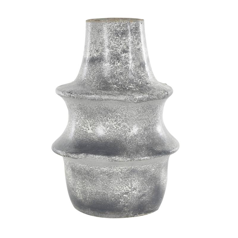 Light Gray Paper Mache Distressed Fluted Decorative Vase with Light Gray Texturing and Ring Handle