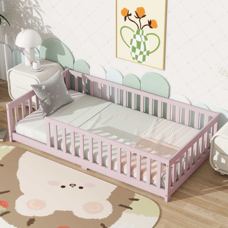 Montessori Twin Size Toddler Floor Bed with Fence without Door, Open-row Design Wood Frame Platform Bed with Safety Guardrails - Pink - Twin