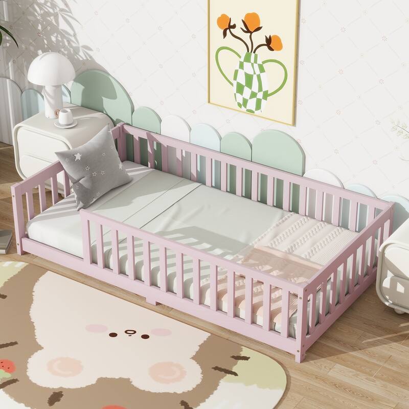 Twin Size Rubber Wood Floor Panel Bed with Safety Fence - No Door Version