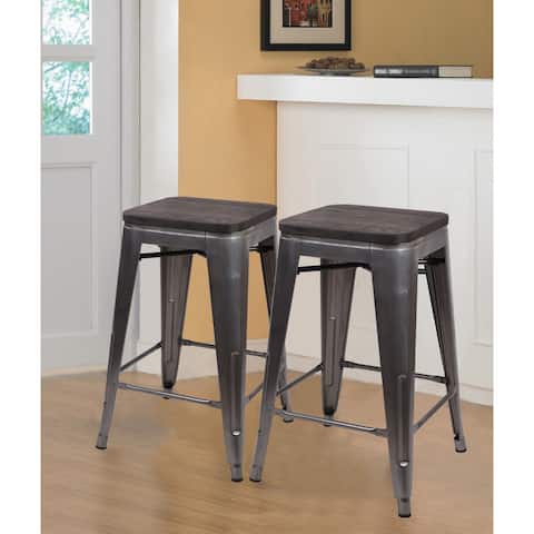 24"Gunmetal backless Metal Counter Stools with Dark Wooden Seat-set of 4