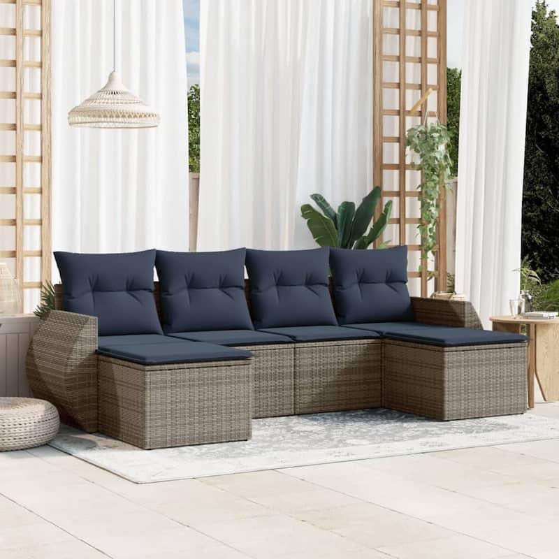 vidaXL 6 Piece Patio Sofa Set with Cushions Grey Poly Rattan - 21.7 x 24.4 x 27.2 (W x D x H)