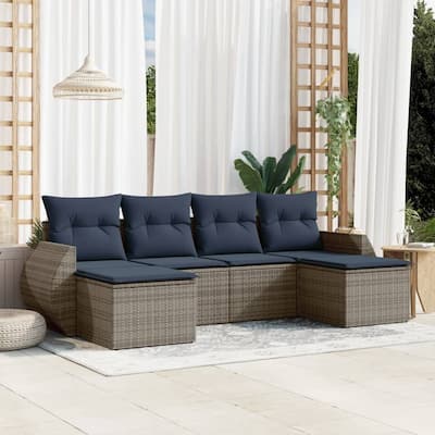 vidaXL 6 Piece Patio Sofa Set with Cushions Grey Poly Rattan - 21.7 x 24.4 x 27.2 (W x D x H)