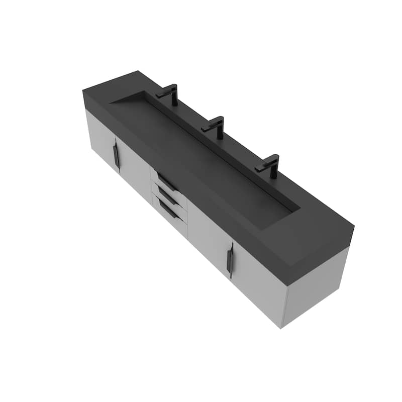 Nile 84-Inch Wall Mounted Bathroom Vanity Set w/ Black Top