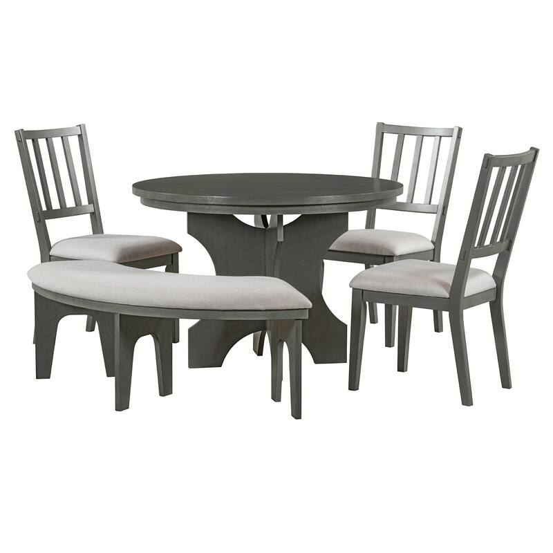 5 Piece Kitchen Furniture Set, Round Dining Table Set with Curved Bench & 3 Upholstered Chairs for Dining Room, Apartment