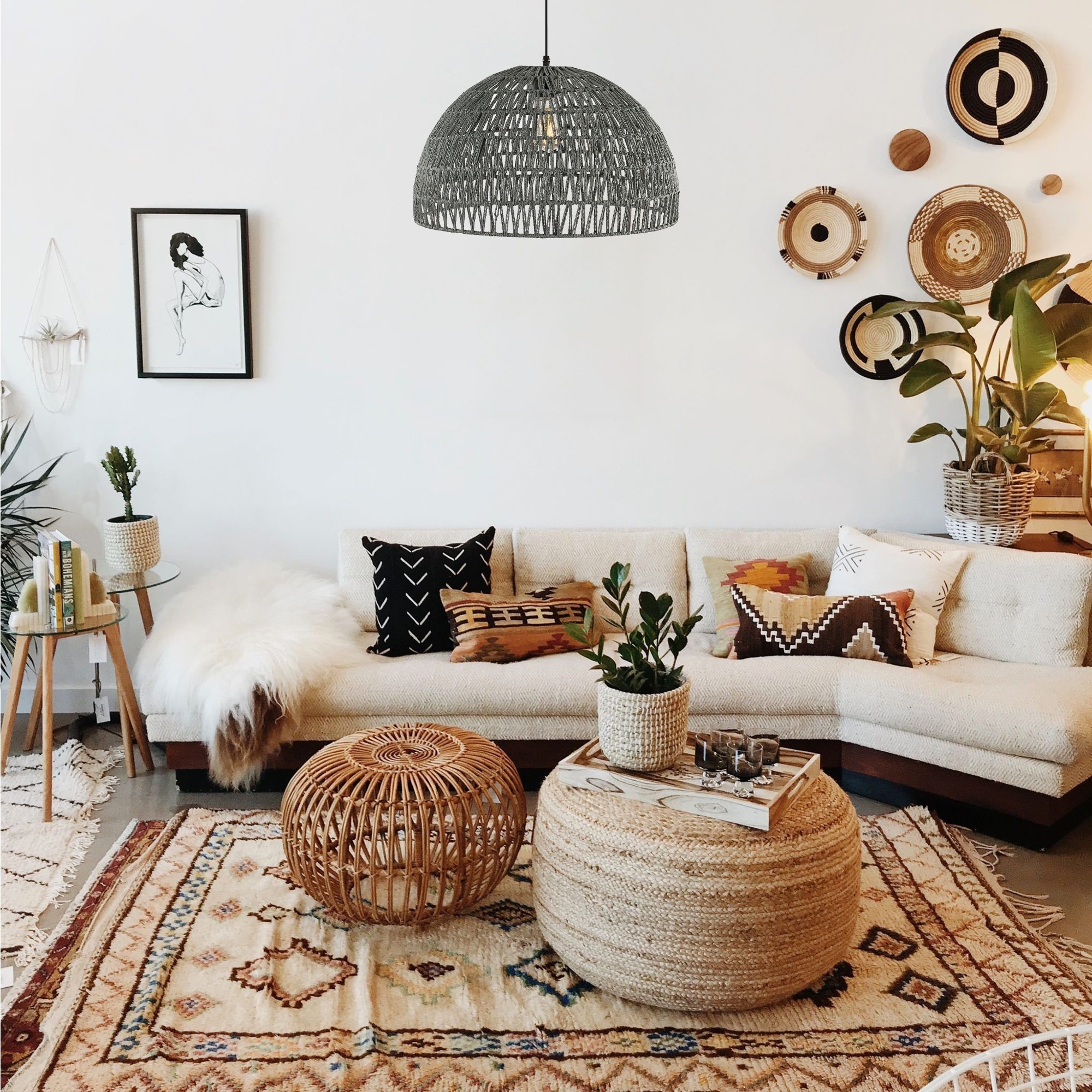 Bohemian Modern Rattan and Iron LED Pendant Light by Jigu-image