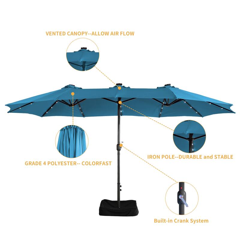 Clihome 15FT Double-Sided Solar Light Market Crank Umbrella with Base