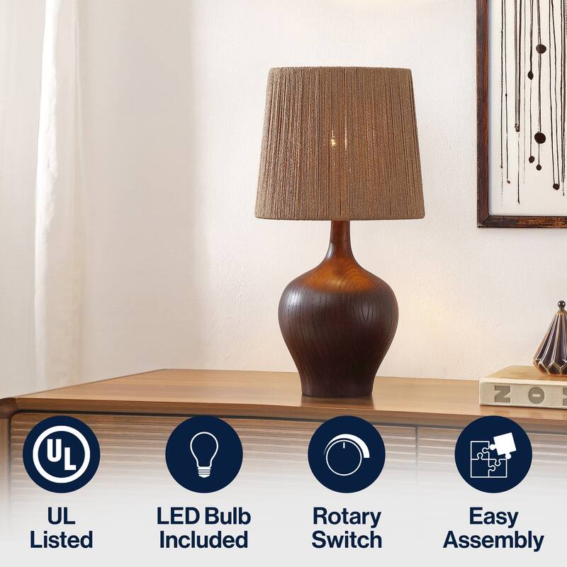 Eben 23" Resin/Metal Gourd LED Table Lamp with Paper Rope Shade, By JONATHAN Y