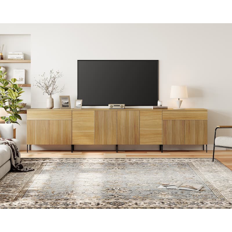 126" Long Modern Reeded Dresser TV Stand With Adjustable Sheves, Entertainment Center With Drawers - Oak