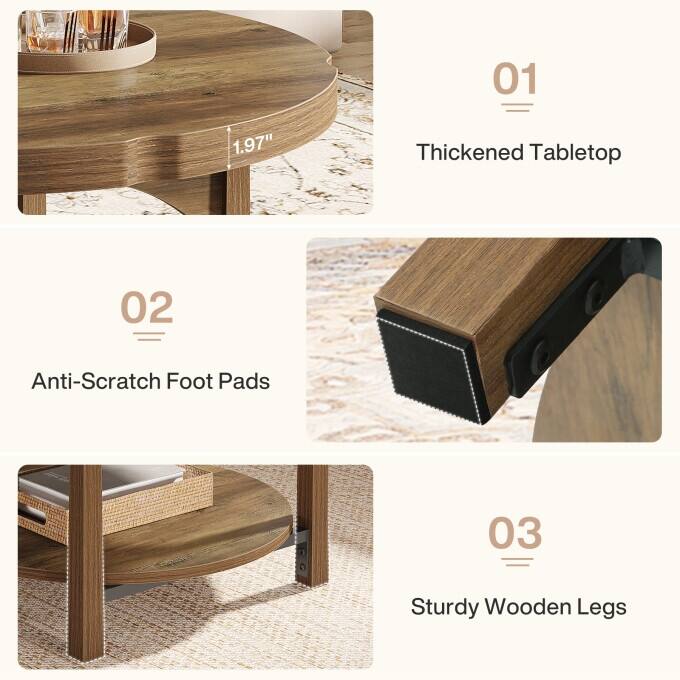 2 Tier Round Coffee Table, Wooden Living Room Center Table With Shelf