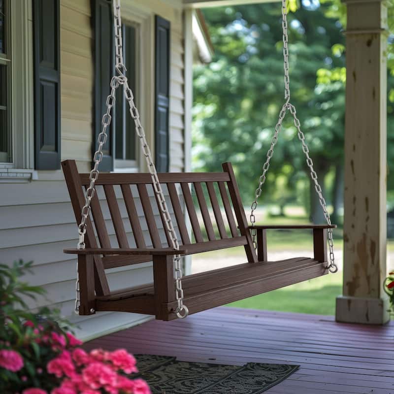 VEIKOUS Outdoor 5ft Wooden Hanging Patio Porch Swing for 3 Person with Chains