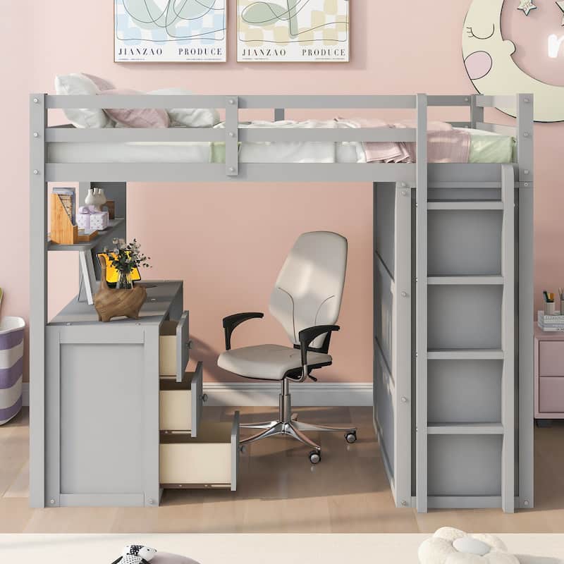 Gray Multi-functional Pine Loft Bed with Desk, Wardrobe, Drawers, and Shelves