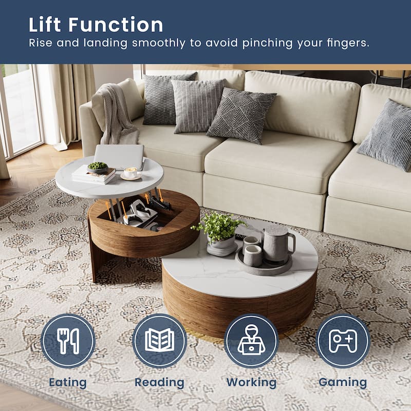 Lift-top Modern Nesting Coffee Table Set Of 2, White Sintered Stone Coffee Table Set