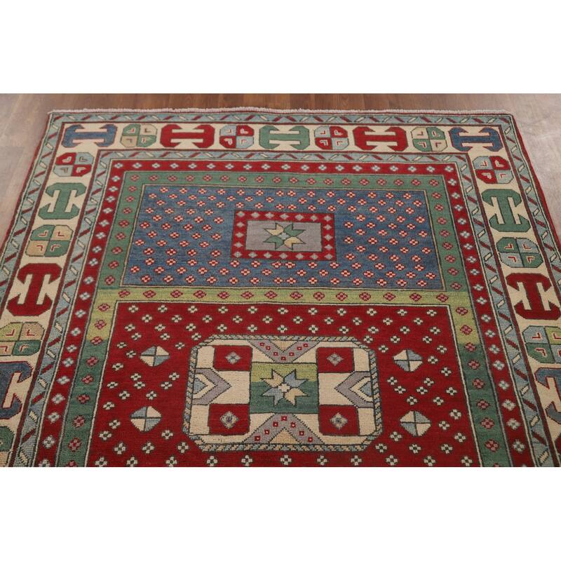 Geometric Kazak Area Rug Hand-Knotted Wool Carpet - 5'0" x 6'5"
