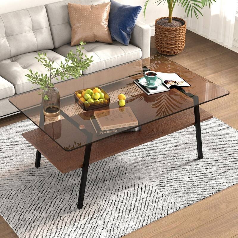 Rectangle Tempered Glass Coffee Table with Metal Legs - Brown
