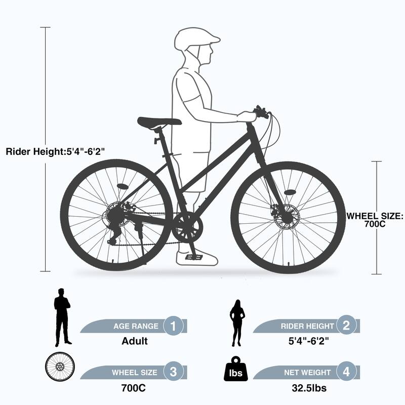 7 Speed Hybrid Bike Disc Brake 700c Road Bike For Men Women'S City Bicycle