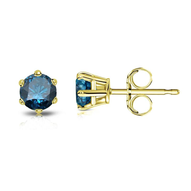 Auriya 1/3ctw Round Blue Diamond Stud Earrings 14k Gold 6-Prong - Yellow